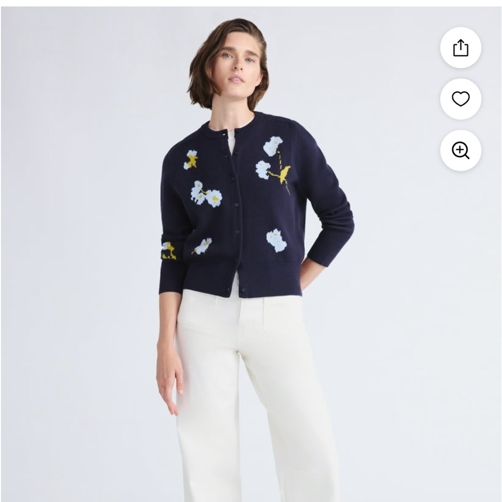 Free Assembly Navy Floral Jacquard Crewneck Shrunken Cardigan Sweater Midweight - Picture 2 of 10
